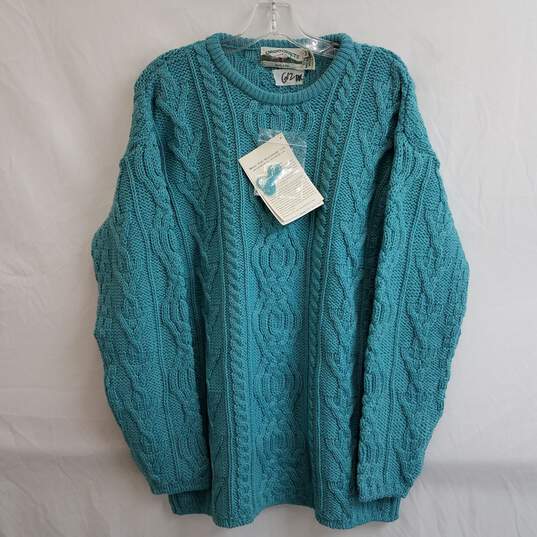 QVC merino wool blue cableknit fisherman sweater M nwt image number 1