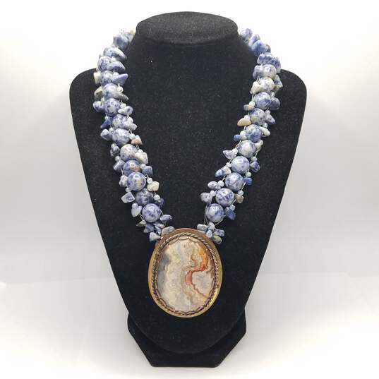 Silver Tone Sodalite & Crazy Lace Agate Pendant Toggle Necklace 191.6g image number 1