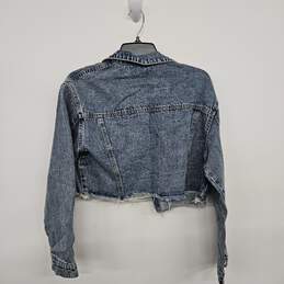 Blue Jean Fringe Crop Top Jacket With Rhinestones On Pocket