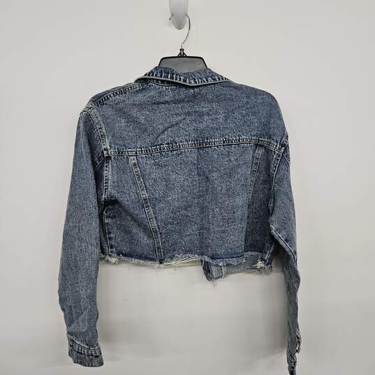 Blue Jean Fringe Crop Top Jacket With Rhinestones On Pocket image number 1