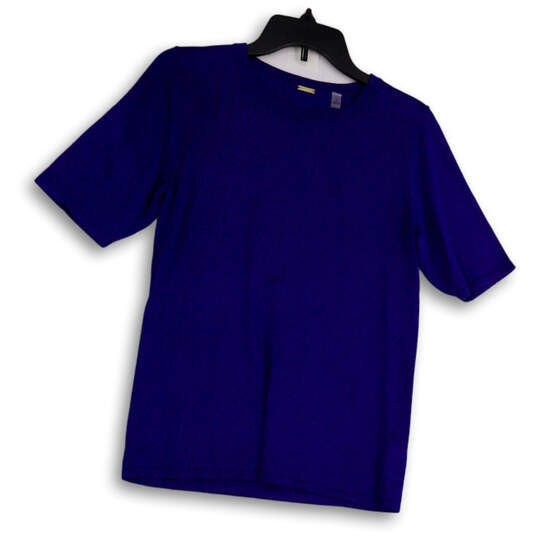Womens Blue Round Neck Short Sleeve Stretch Pullover T-Shirt Size M image number 1