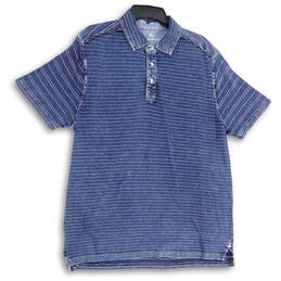 Mens Blue Striped Spread Collar Short Sleeve Polo Shirt Size Large