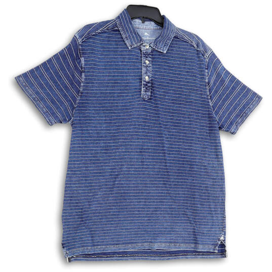 Mens Blue Striped Spread Collar Short Sleeve Polo Shirt Size Large image number 1