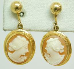 10K Gold Carved Woman Cameo Oval Drop Screw Back Earrings 3.2g