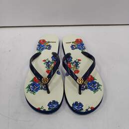 Tory Burch Floral White Flip Flop Sandals Size 9.5