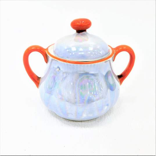 Czechoslovakia Pottery Tea Pot Creamer Sugar Lusterware Blue image number 3