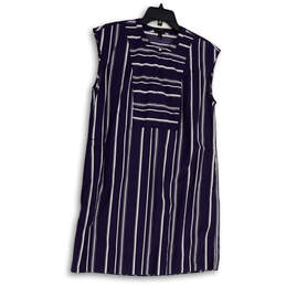 Womens Blue White Striped Sleeveless Round Neck Pullover Shift Dress Size S