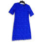 Womens Blue Lace Short Sleeve Round Neck Back Zip Short Shift Dress Size 8P image number 3