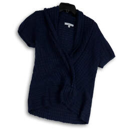 NWT Womens Blue Knitted V-Neck Short Sleeve Pullover Sweater Size M