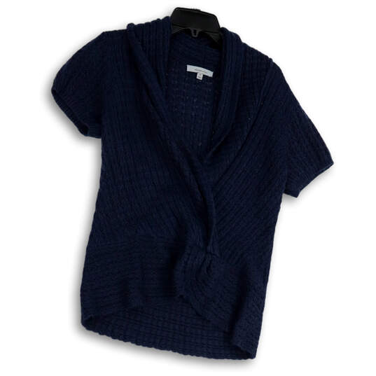 NWT Womens Blue Knitted V-Neck Short Sleeve Pullover Sweater Size M image number 1
