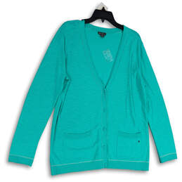 Womens Blue V-Neck Long Sleeve Pockets Tight-Knit Cardigan Sweater Size XL