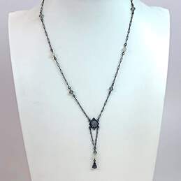 Designer Liz Palacios Clear Crystal Bead Black Link Chain Y-Drop Necklace