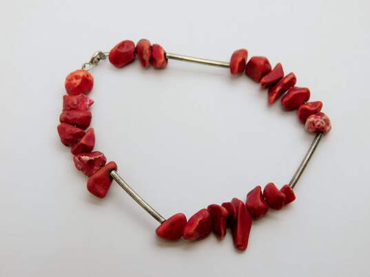 Artisan 925 Faux & Composite Coral & Bar Beaded Lariat Necklace & Matching Bracelet Set 56.2g image number 2
