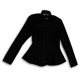 Womens Black Long Sleeve Round Neck Full-Zip Peplum Jacket Size 6
