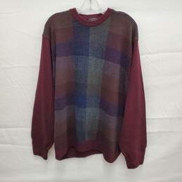 VTG 80's MN's Segreto Burgundy Plaid Crewneck Wool Blend Sweater  Size L