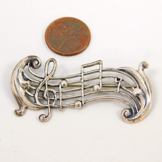 Artisan 925 Sterling Silver Amber Cabochon Music Note Pendant Necklace Music Brooch & Textured Ring 16.8g image number 2