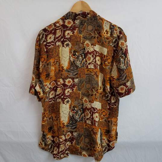 Vintage 100% silk brown mixed print short sleeve shirt women's L image number 2