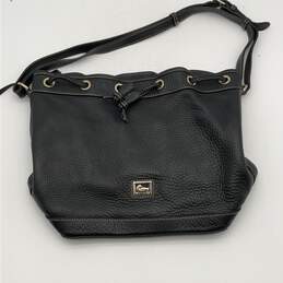 Womens Black Leather Inner Outer Zipper Pocket Drawstring Bucket Bag Purse