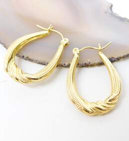 14K Yellow Gold Textured Oblong Hoop Earrings 1.7g alternative image