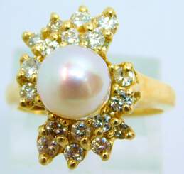 14KP Yellow Gold 0.80 CTTW Diamond & Cultured Pearl Cocktail Ring 5.6g