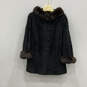 Womens Black Rabbit Fur Trim Long Sleeve Fashionable Button Front Coat image number 1