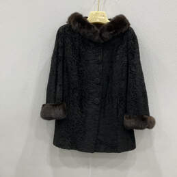 Womens Black Rabbit Fur Trim Long Sleeve Fashionable Button Front Coat