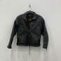 Womens Black Leather Long Sleeve Pockets Full-Zip Motorcycle Jacket Size M image number 1