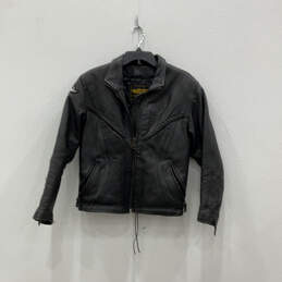 Womens Black Leather Long Sleeve Pockets Full-Zip Motorcycle Jacket Size M