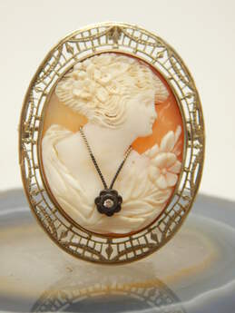 Vintage 14K White Gold Diamond Accent Habille Cameo Pendant Brooch 10.2g