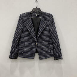 Womens Blue Black Striped Tweed Long Sleeve One Button Blazer Size 14