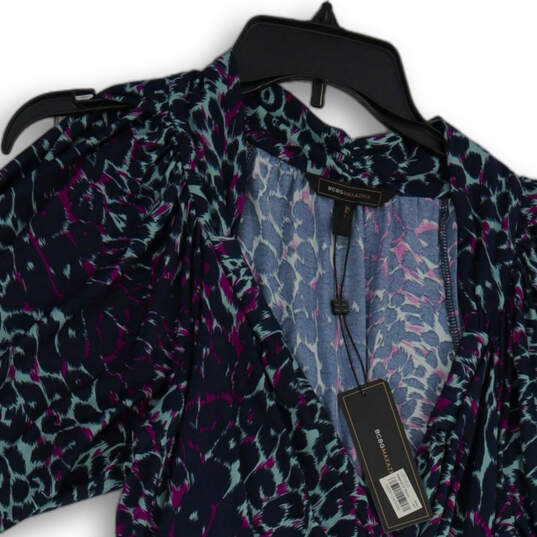 NWT Womens Blue Purple Animal Print Short Sleeve Tie Waist Blouse Top Sz S image number 3