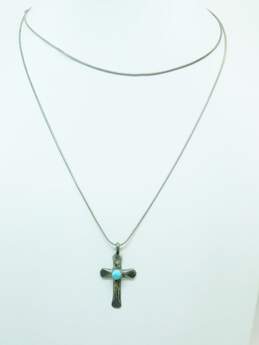 Artisan S. Burnside Signed Sterling Silver Larimar Cross Pendant Necklace 9.1g alternative image