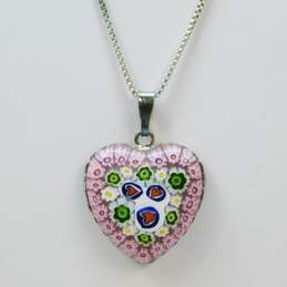 Artisan 925 Flowers & Hearts Art Glass Pink Heart & Blue Circle Pendants Necklace & Lil Sis Charm Ball Beaded Bangle Bracelet 21.8g alternative image