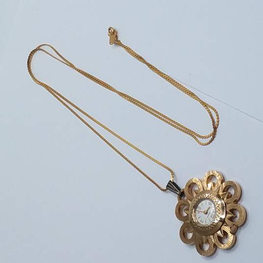 Caravelle Gold Tone Flower On Chain Vintage Automatic Manual Wind Pendant Watch image number 2