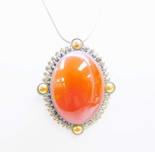 Artisan 925 Sterling Silver Carnelian Cabochon Brooch Pendant Necklace 26.6g image number 2