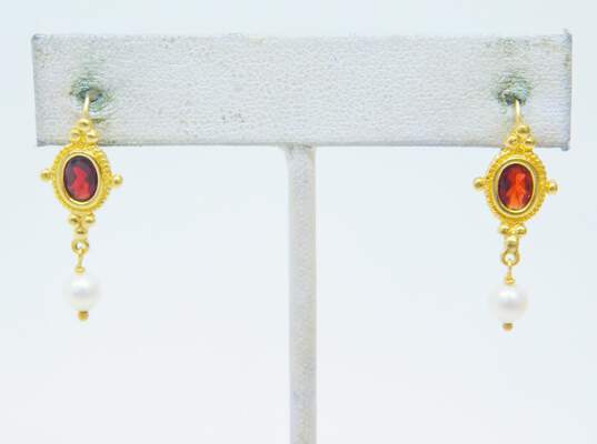 14K Gold Garnet Pearl Lever Back & Ball Bead Threader Earrings 3.3g image number 2