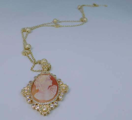Amedeo Gold Tone Carved Shell Cameo Icy Crystal Necklace 62.2g image number 4