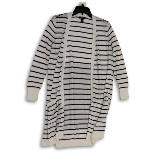 Womens White Striped Knitted Long Sleeve Open Front Cardigan Sweater Sz SP image number 1