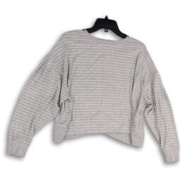 Womens Gray White Striped Long Sleeve Ribbed Hem Pullover Sweatshirt Size S