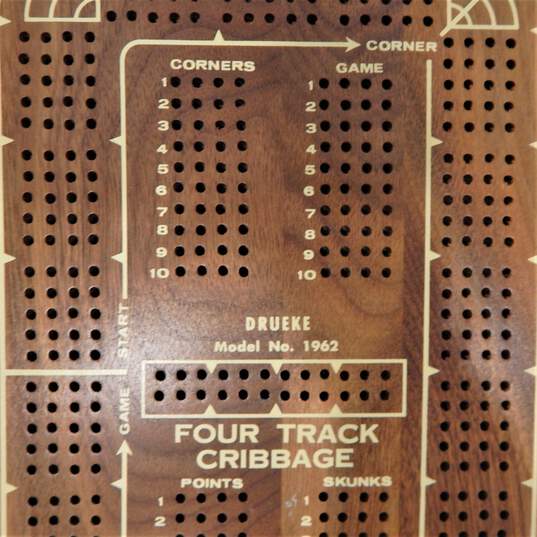 Vintage Drueke & Sons Four Track Cribbage Walnut Board Game No. 1962 IOB w/ Pins image number 5