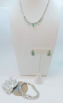 Vintage Silvertone Icy Green & Clear Rhinestones Necklace & Clip On Earrings Chain Bracelet & Unique Pointed Leaf Brooch 59.5g