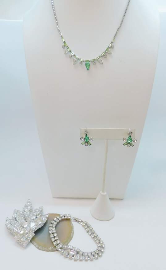 Vintage Silvertone Icy Green & Clear Rhinestones Necklace & Clip On Earrings Chain Bracelet & Unique Pointed Leaf Brooch 59.5g image number 1