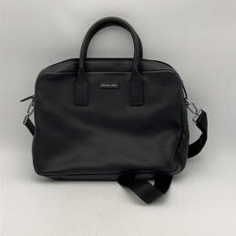 Womens Black Leather Detachable Strap Double Handle Laptop Bag