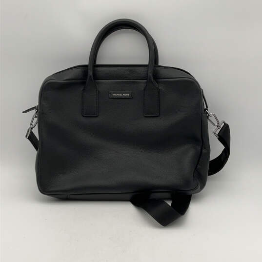 Womens Black Leather Detachable Strap Double Handle Laptop Bag image number 1