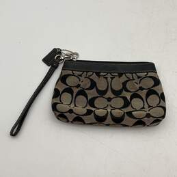 Coach Womens Beige Black Logo Charm Zipper Pocket Coin Purse Wristlet Wallet