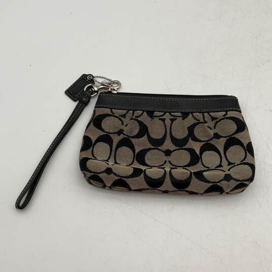 Coach Womens Beige Black Logo Charm Zipper Pocket Coin Purse Wristlet Wallet image number 1