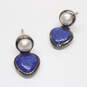 Sterling Silver Pearl & Denim Lapis Drop Earrings - 3.7g image number 4