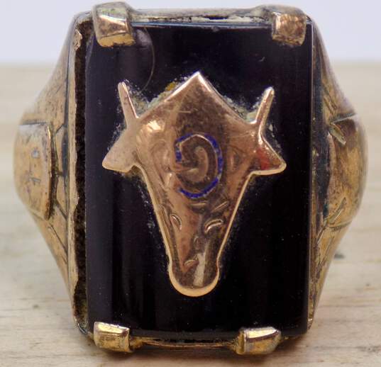 Men's Vintage 10K Yellow Gold Onyx Masonic Compass & Square G Ring 8.2g image number 1