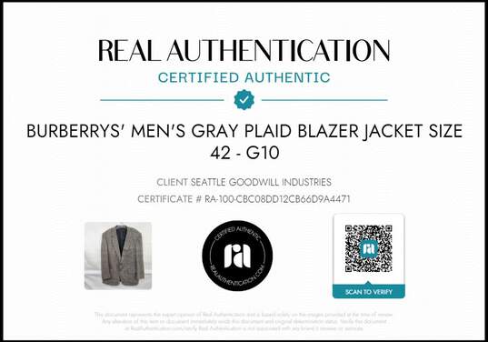 Burberry Mens Gray Plaid Blazer Jacket Size 42 AUTHENTICATED image number 6