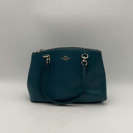 Womens Blue Leather Detachable Strap 3 Pocket Double Handles Satchel Bag